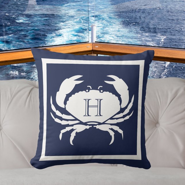 Monogrammed Navy Blue White Crab Nautical Outdoor Pillow (Creator Uploaded)