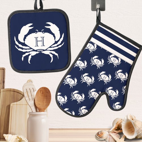 Monogrammed Navy Blue White Crab Nautical Oven Mitt  Pot Holder Set