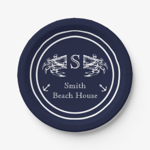 Monogrammed Navy Blue White Crab Nautical Paper Plates