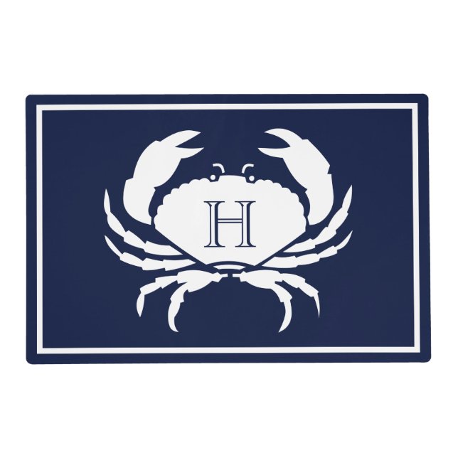 Monogrammed Navy Blue White Crab Nautical  Placemat (Front)