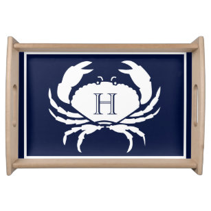 Monogrammed Navy Blue White Crab Nautical Serving Tray