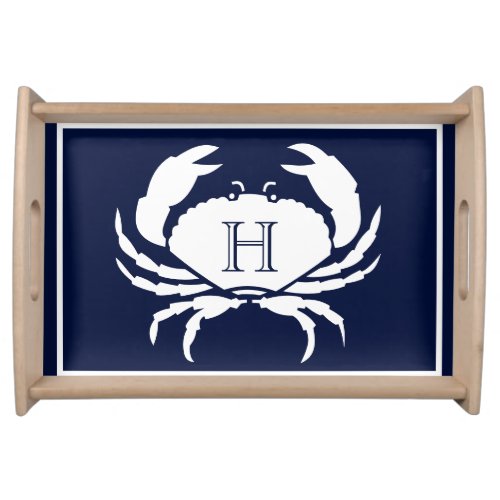 Monogrammed Navy Blue White Crab Nautical Serving Tray