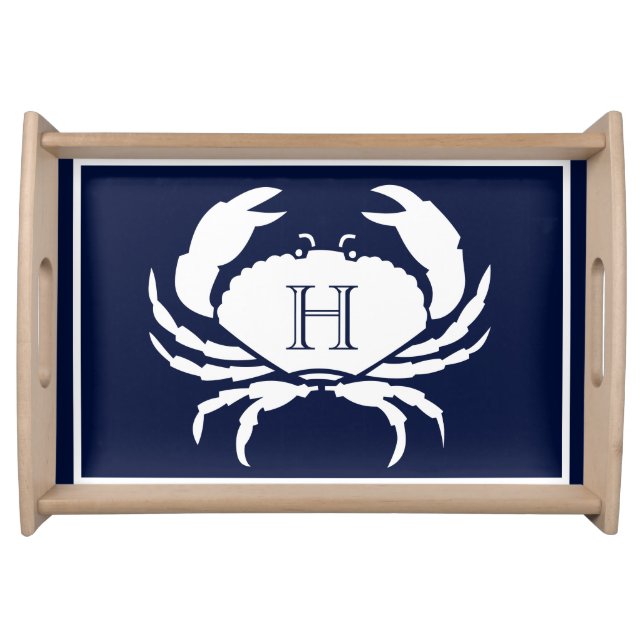 Monogrammed Navy Blue White Crab Nautical Serving Tray (Front)