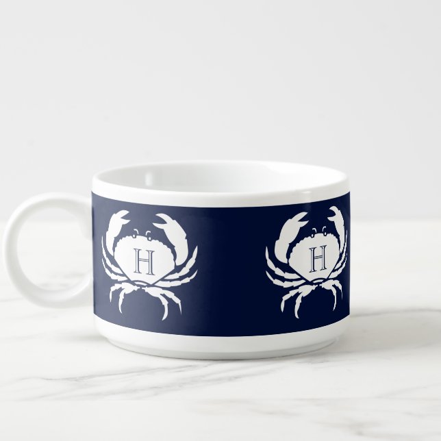 Monogrammed Navy Blue White Crab Nautical  Soup Mu Bowl (Right)