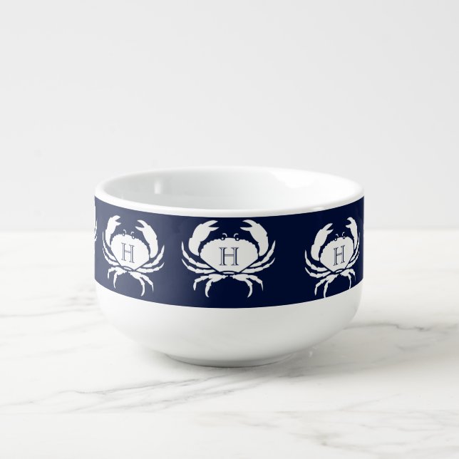Monogrammed Navy Blue White Crab Nautical  Soup Mug (Front)