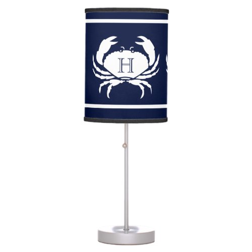 Monogrammed Navy Blue White Crab Nautical Table Lamp