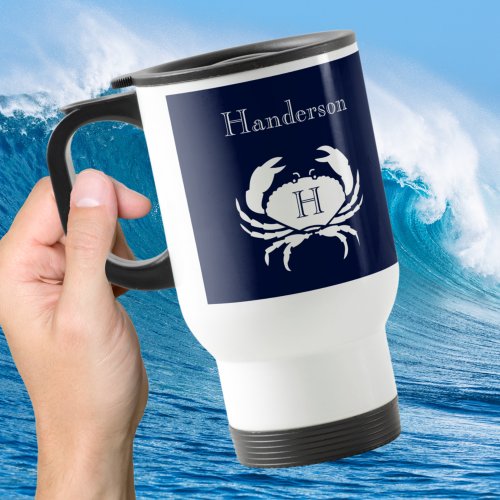 Monogrammed Navy Blue White Crab Nautical   Travel Mug