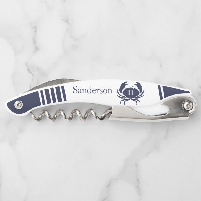 Monogrammed Navy Blue White Crab Nautical Waiter's Waiter's Corkscrew (Back)
