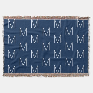 Monogrammed navy blue white custom initial throw blanket