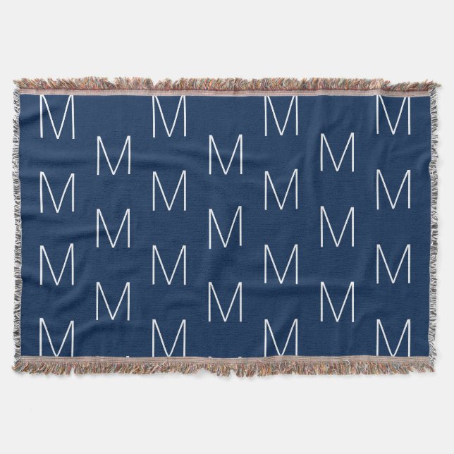 Monogrammed navy blue white custom initial  throw blanket (Front)