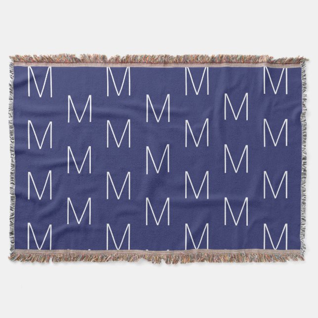 Monogrammed navy blue & white custom initial throw blanket (Front)