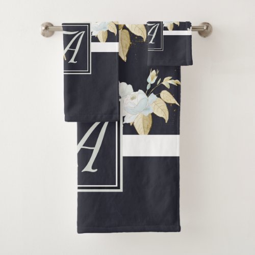 Monogrammed Navy Blue White Floral Decor Anemone Bath Towel Set
