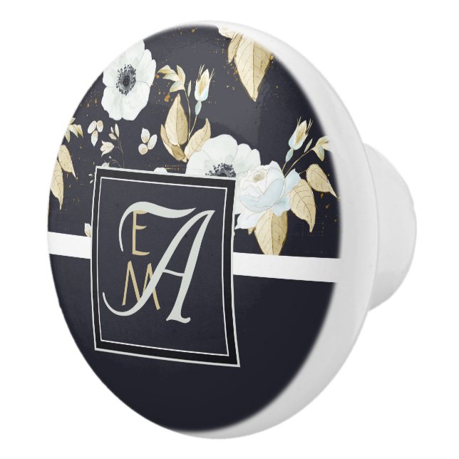 Monogrammed Navy Blue White Floral Decor Anemone Ceramic Knob (Right)