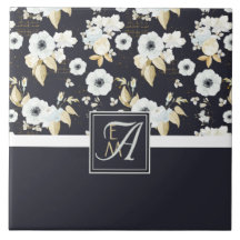 Monogrammed Navy Blue White Floral Decor Anemone