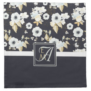 Monogrammed Navy Blue White Floral Decor Anemone Cloth Napkin