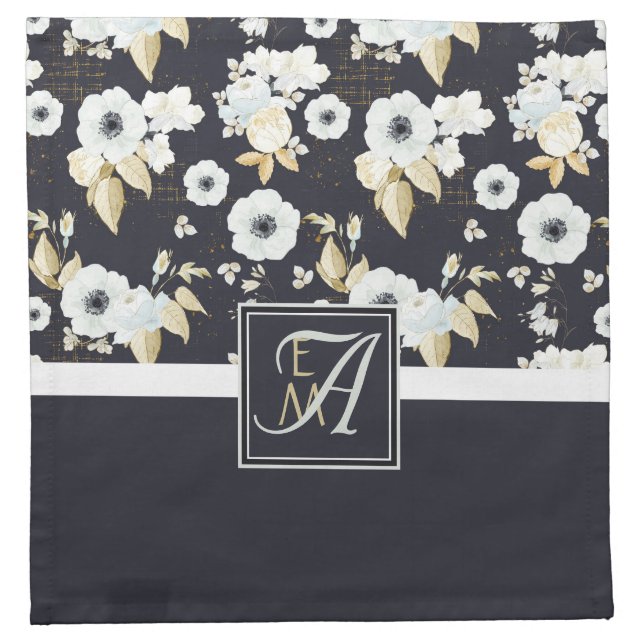 Monogrammed Navy Blue White Floral Decor Anemone Cloth Napkin (Front)