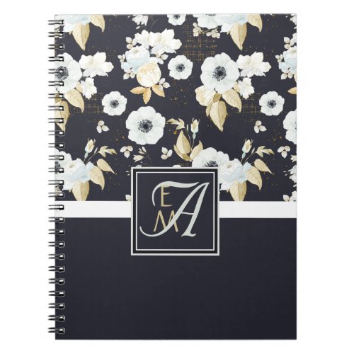 Monogrammed Navy Blue White Floral Decor Anemone Notebook