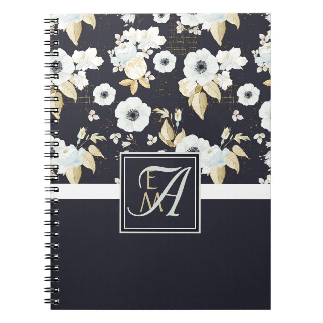 Monogrammed Navy Blue White Floral Decor Anemone Notebook (Front)