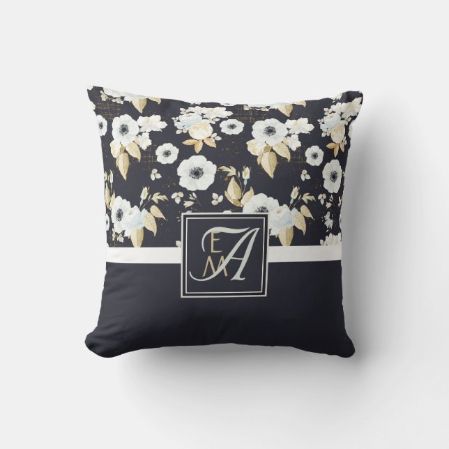 Monogrammed Navy Blue White Floral Decor Anemone Throw Pillow (Front)