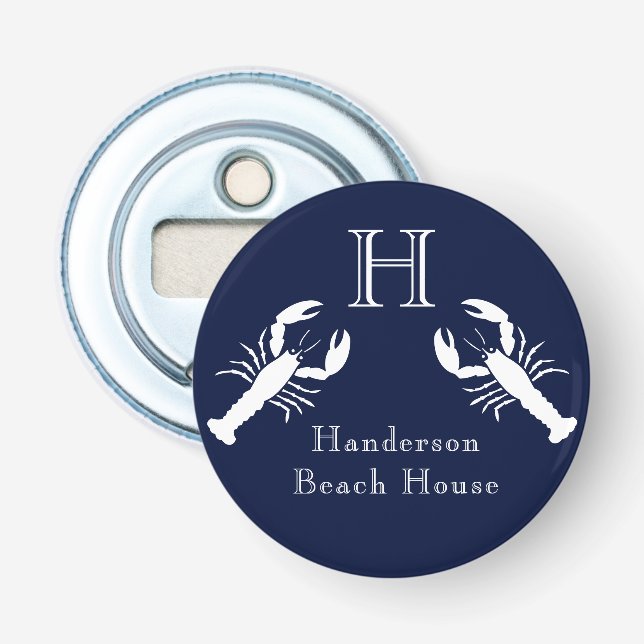 Monogrammed Navy Blue White Lobster Nautical    Bottle Opener (Front)