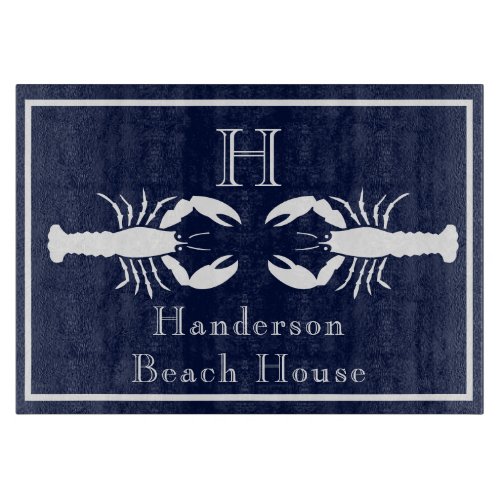 Monogrammed Navy Blue White Lobster Nautical Cutting Board