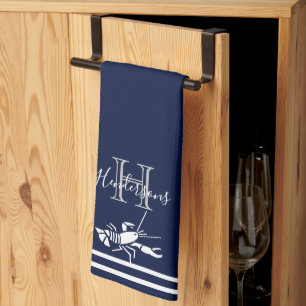 Monogrammed Navy Blue White Lobster Nautical Kitchen Towel