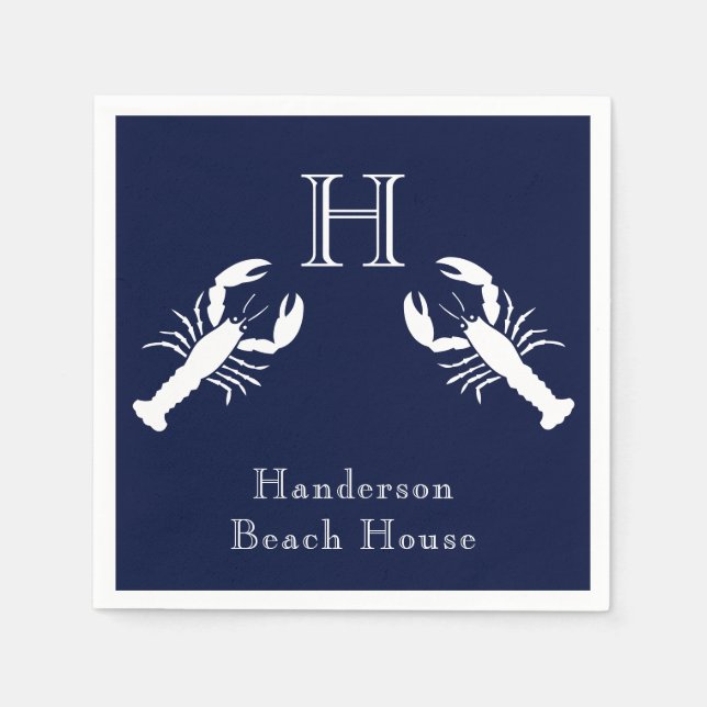 Monogrammed Navy Blue White Lobster Nautical    Napkins (Front)