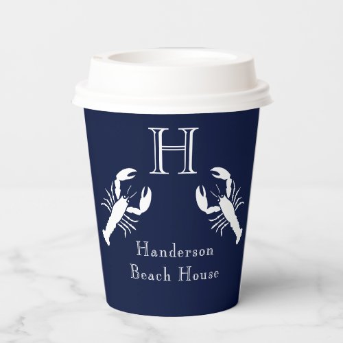Monogrammed Navy Blue White Lobster Nautical    Paper Cups
