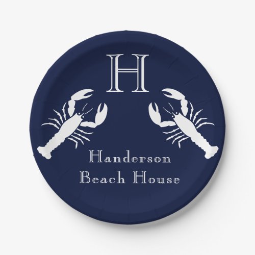 Monogrammed Navy Blue White Lobster Nautical    Paper Plates