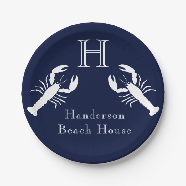 Monogrammed Navy Blue White Lobster Nautical    Paper Plates (Front)