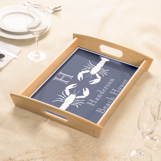 Monogrammed Navy Blue White Lobster Nautical  Serving Tray (Front)