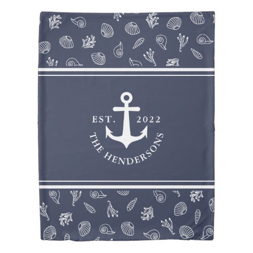 Monogrammed Navy Blue White Nautical Anchor Duvet Cover