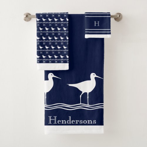 Monogrammed Navy Blue White Sandpipers Nautical Ba Bath Towel Set