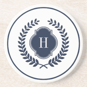 Monogrammed Navy-Blue Wreath Coaster
