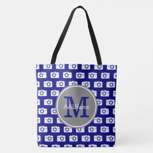 Monogrammed Navy Camera Pattern with Custom Name Tote Bag