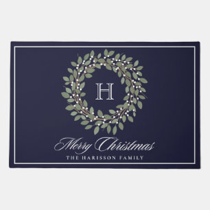 Monogrammed Navy Christmas Wreath Family Door Mat