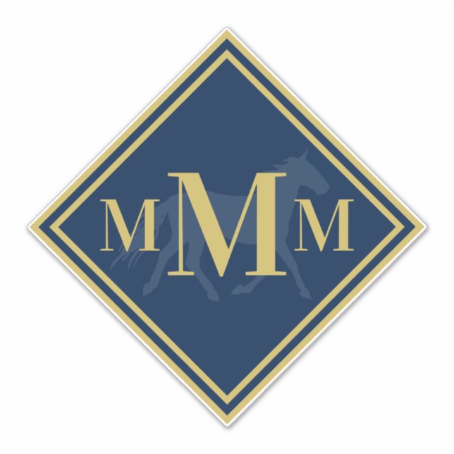 Monogrammed Navy + Gold Trotting Horse Tack Trunk Sticker (Front)