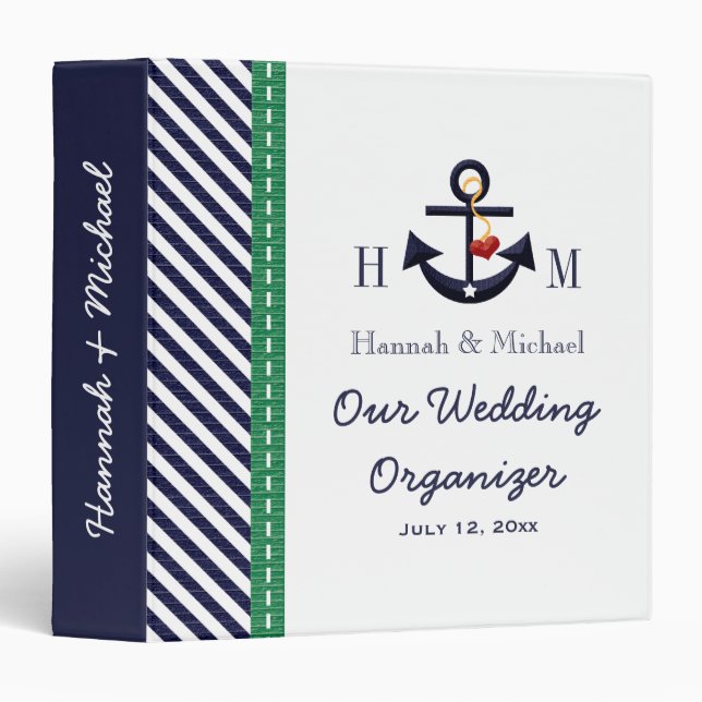 Monogrammed Navy Green Anchor Wedding Organizer 3 Ring Binder (Front/Spine)