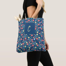 Monogrammed Navy Willowmere Floral Tote bag