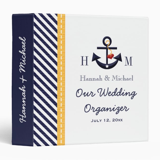 Monogrammed Navy Yellow Anchor Wedding Planner 3 Ring Binder (Front/Spine)