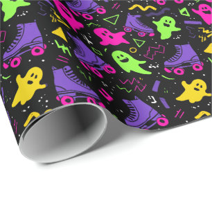 Monogrammed Neon Ghosts and Skates Halloween Wrapping Paper