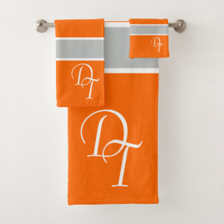 Monogrammed - neon orange - gray bold stripes bath towel set
