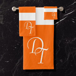 Monogrammed - neon orange white - bold stripes bath towel set