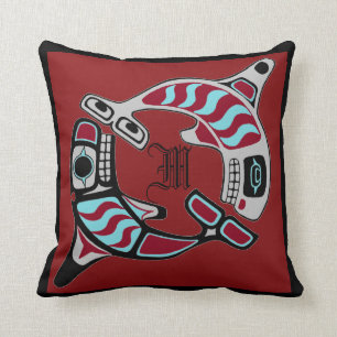 Monogrammed Northwest Coast Art Orcas Throw Pillow