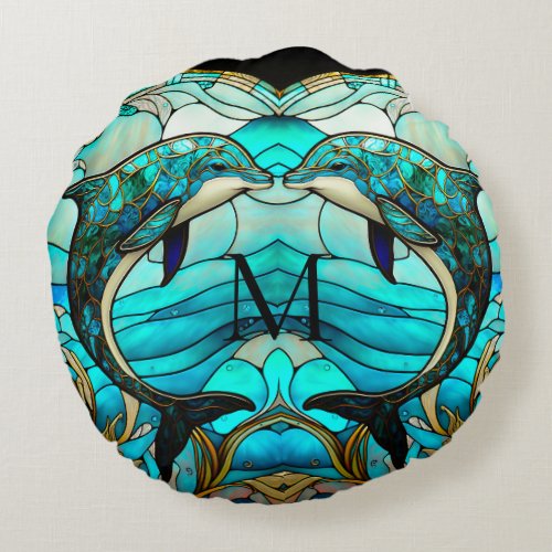 Monogrammed Ocean Beach House Blue Dolphin Mosaic Round Pillow