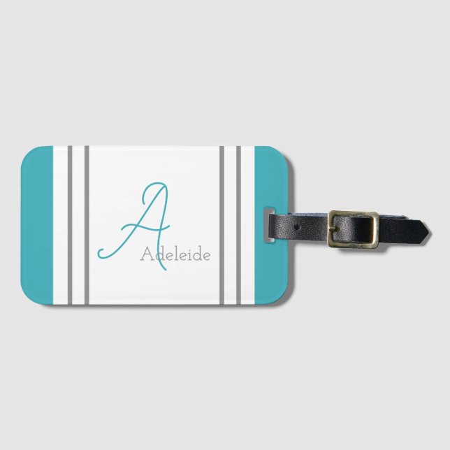 Monogrammed Ocean Blue & Gray Stripes Luggage Tag (Front Horizontal)
