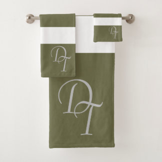 Monogrammed - olive white - bold stripes bath towel set