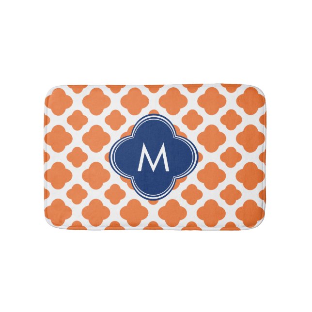 Monogrammed Orange and Royal Blue Quatrefoil Bathroom Mat (Front)