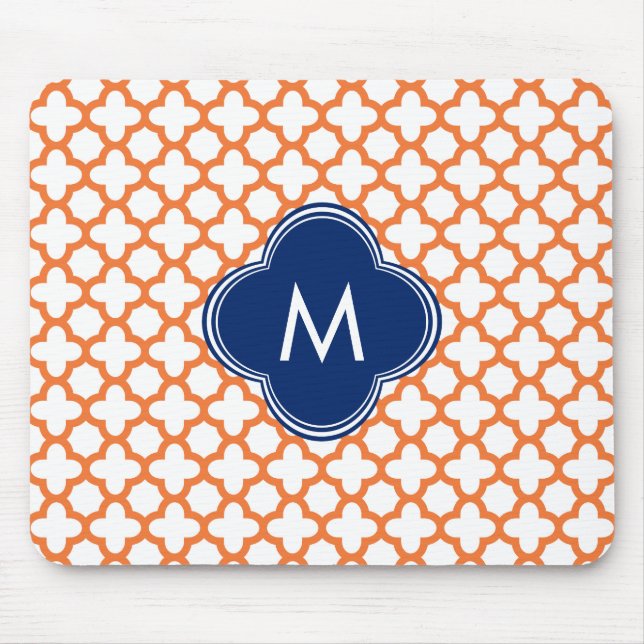 Monogrammed Orange  and Royal Blue Quatrefoil Mouse Pad (Front)
