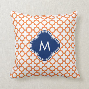 Monogrammed Orange and Royal Blue Quatrefoil Throw Pillow